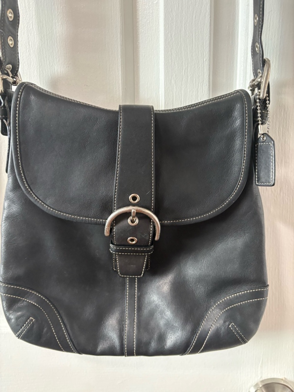 Coach 9480 Black Leather Convertible Crossbody Bag with Buckle Detail